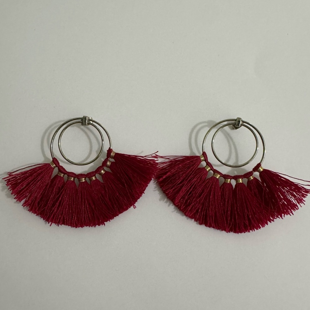South Moon Under Red Fan Tassel Hoop Earrings